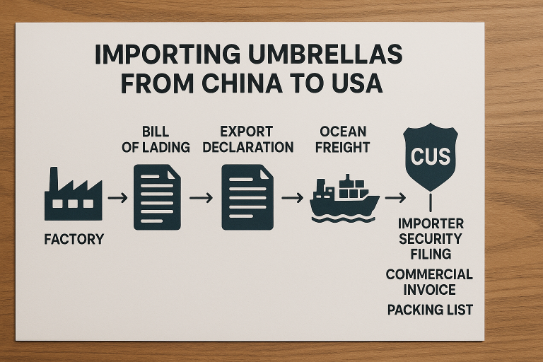 A simplified flow chart illustrating the key steps and required documents for importing umbrellas from China to the USA, from factory departure through customs clearance, emphasizing the documentation pipeline.