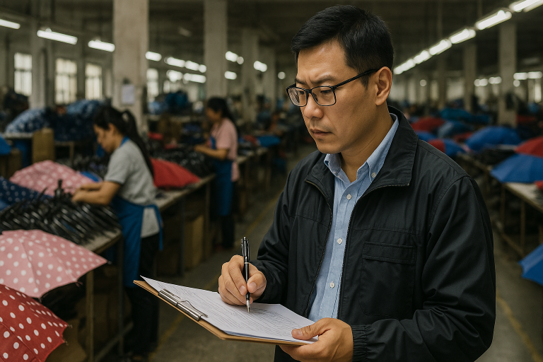 A third-party auditor conducting a factory inspection at an umbrella manufacturing plant in China, meticulously checking production processes and compliance records as part of a comprehensive supplier due diligence.
