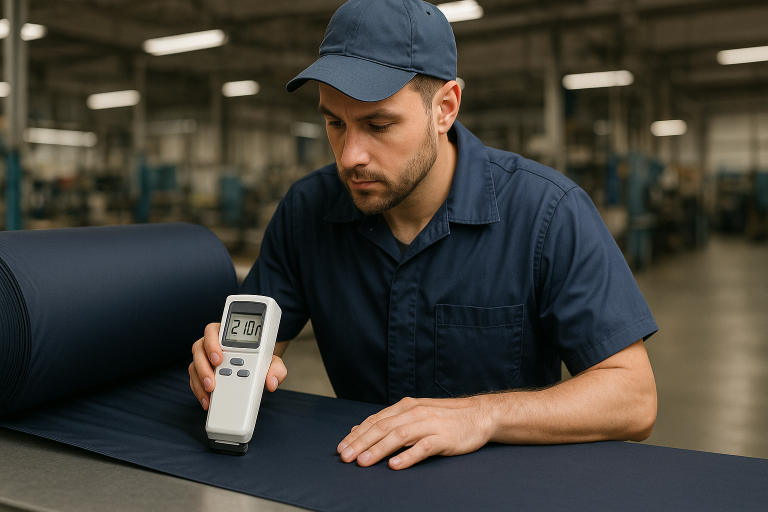 A factory technician performing a material incoming inspection on a roll of umbrella fabric, utilizing a calibrated densitometer to verify the specified 210T polyester thread count before production begins.