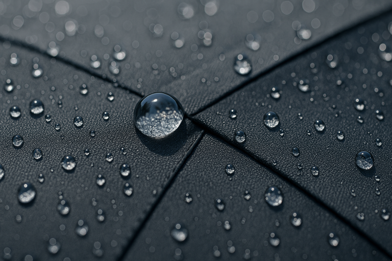 A magnified image illustrating the hydrophobic effect of a nano-coated umbrella fabric, showing water droplets perfectly beading and rolling off, demonstrating superior water repellency.