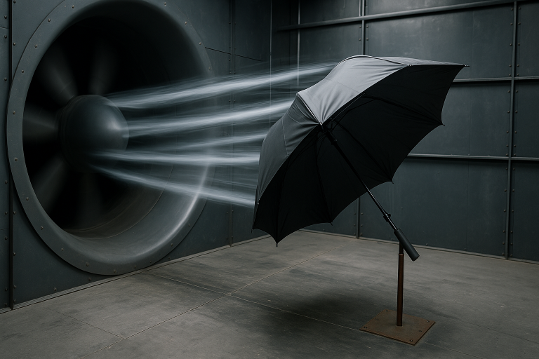 A specialized wind tunnel facility demonstrating an umbrella undergoing a quantifiable wind resistance test at high speeds (e.g., 55 mph), providing objective performance validation.