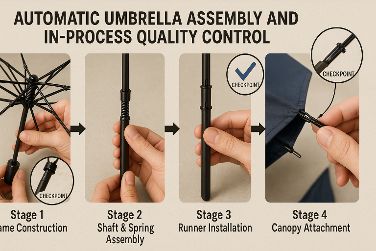 A step-by-step diagram illustrating the complex assembly stages of an automatic umbrella, highlighting critical checkpoints for in-process quality control, from frame construction to canopy attachment.