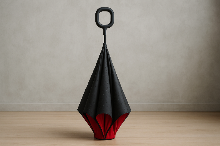 An illustrative image of an inverted umbrella in its closed, self-standing position, demonstrating its unique 