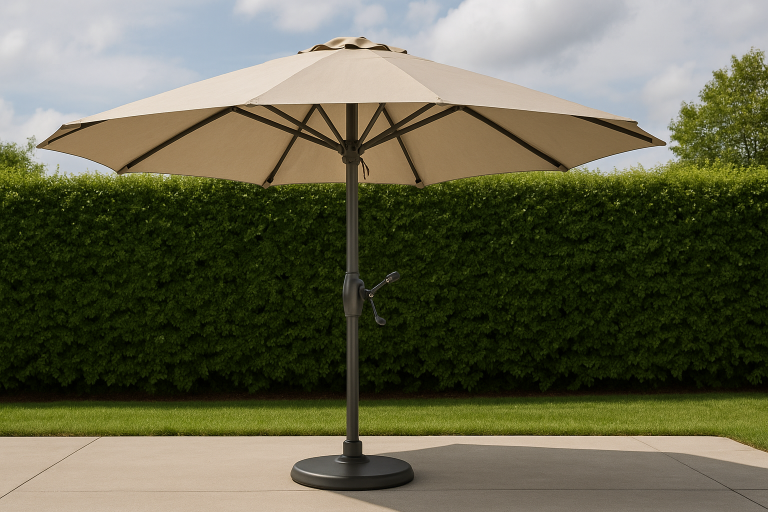 A large outdoor patio umbrella with a crank mechanism, illustrating a commercial-grade, large-scale solution for outdoor shade and demonstrating common operational features.