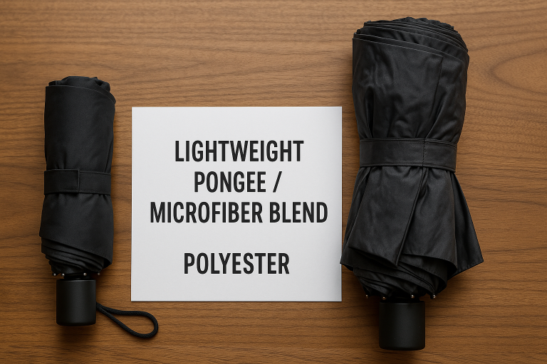 A visual comparison of umbrella fabrics, highlighting the compact packing volume achievable with lightweight pongee or microfiber blends for travel umbrellas, emphasizing portability.
