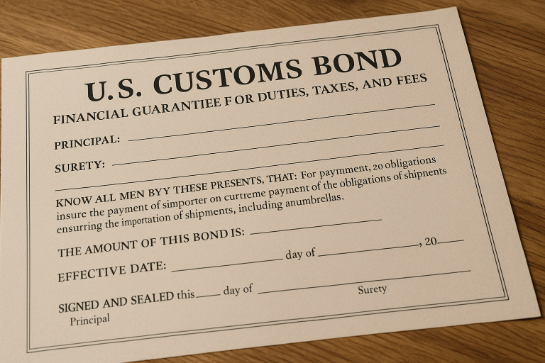 An example of a US Customs Bond certificate, highlighting the financial guarantee required for importers to ensure compliance with import duties, taxes, and fees for shipments like umbrellas.