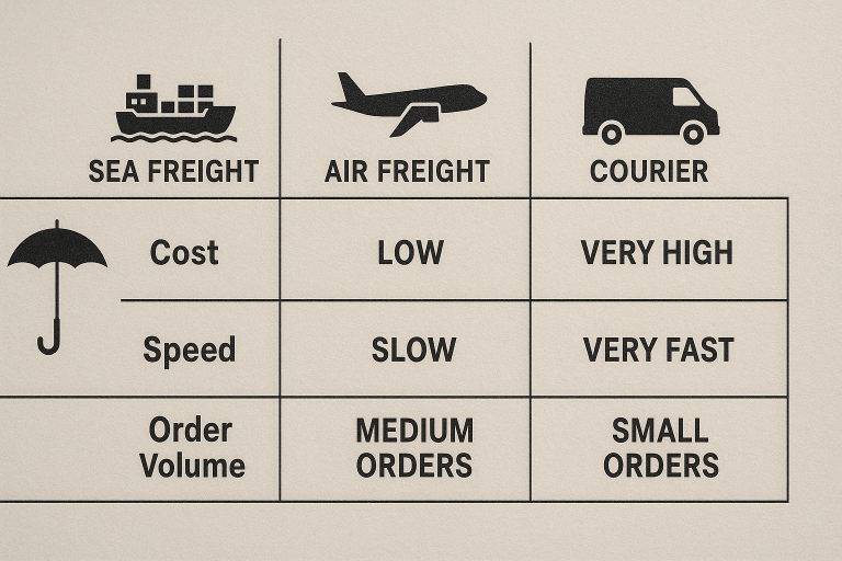 A comparative chart illustrating the trade-offs between sea freight, air freight, and courier services for umbrella shipments, highlighting cost, speed, and suitability for different order volumes.