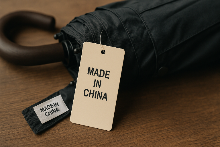 A visual example of compliant country of origin labeling for an imported umbrella, demonstrating clear 