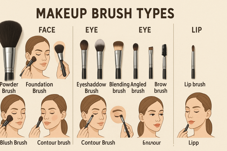 An infographic diagramming various makeup brush types (face, eye, lip), showcasing their distinct shapes and illustrating their intended cosmetic uses. This visual aids buyers in understanding the functional diversity critical for strategic product categorization and sourcing.