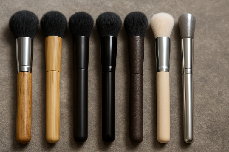A visual array of makeup brush handles showcasing a variety of materials including natural wood, sustainable bamboo, durable plastic, and sleek metal. The image also highlights different finishes such as matte, glossy, and textured, illustrating the extensive customization potential for branding and ergonomic design.