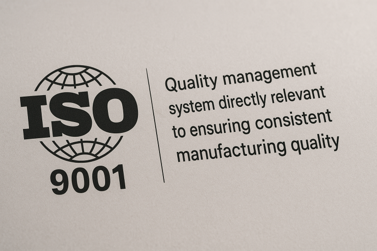 A clear graphic prominently displaying the internationally recognized ISO 9001 quality management system logo, accompanied by a concise explanation of its direct relevance to ensuring consistent manufacturing quality. This visual serves as a crucial reference point for buyers assessing supplier reliability.