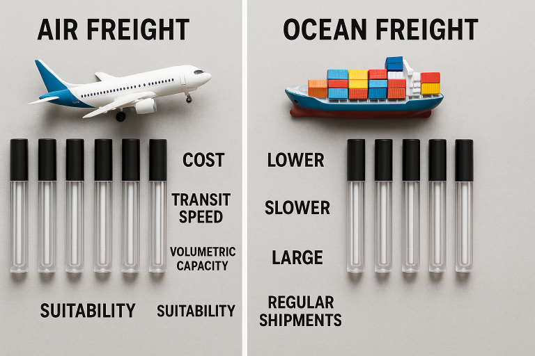 A clear comparison infographic illustrating the fundamental trade-offs between air freight and ocean freight for shipping empty lip gloss tubes, highlighting key factors such as cost, transit speed, volumetric capacity, and suitability for various business needs and order urgencies.