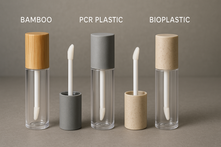A visual representation showcasing diverse sustainable empty lip gloss tube materials, including bamboo, Post-Consumer Recycled (PCR) plastic, and bioplastic formulations, highlighting their distinct environmental benefits and assisting buyers in selecting eco-friendly packaging alternatives.