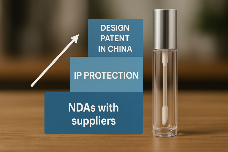 A conceptual diagram illustrating the layered approach to Intellectual Property (IP) protection for empty lip gloss tube designs, commencing with foundational Non-Disclosure Agreements (NDAs) with suppliers and progressing to the strategic registration of design patents in China for enhanced legal safeguarding.