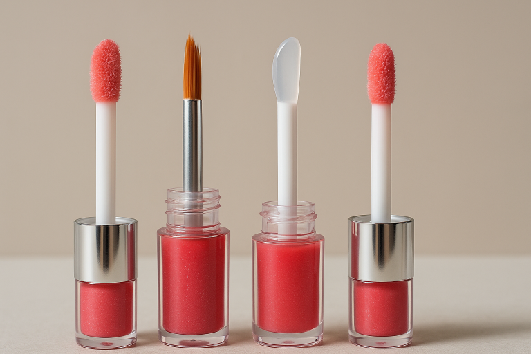 An illustrative composite showcasing various specialized applicator tips for lip gloss tubes, including doe-foot, brush, and silicone spatulas, emphasizing the diversity of application experiences available for different cosmetic formulations.