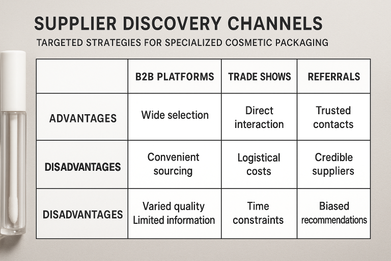A matrix visually comparing different supplier discovery channels (B2B platforms, trade shows, referrals), highlighting their respective advantages and disadvantages for sourcing empty lip gloss tubes, emphasizing targeted strategies for specialized cosmetic packaging.