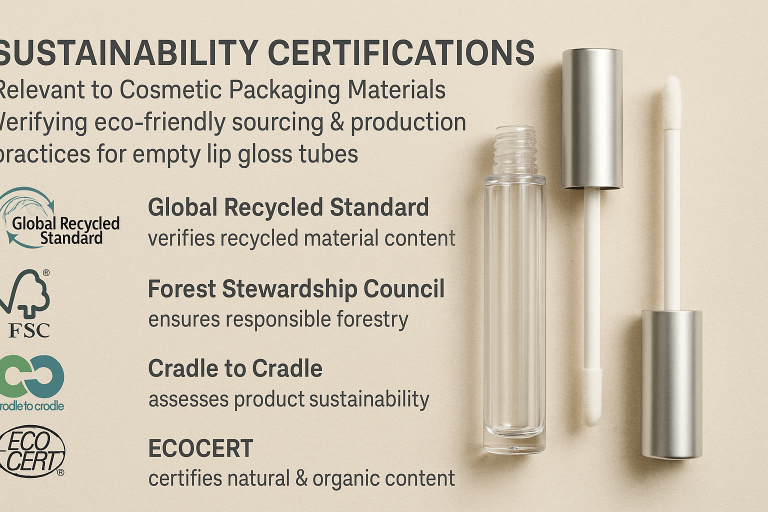 An infographic detailing various sustainability certifications relevant to cosmetic packaging materials (e.g., GRS, FSC, Cradle to Cradle), explaining their significance in verifying eco-friendly sourcing and production practices for empty lip gloss tubes.