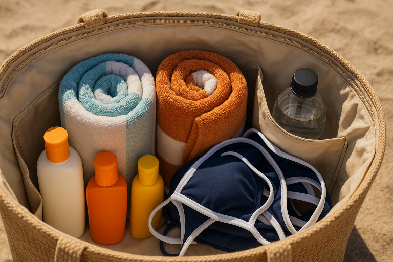 Visual example of a spacious beach bag interior thoughtfully organized with items like large towels, multiple sunscreen bottles, swimwear, and a water bottle, illustrating the practical need for ample capacity and smart compartment design.