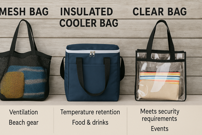 Informative infographic visually comparing the distinct features and primary use cases of three specialized summer beach bag types: a mesh bag optimized for ventilation, an insulated cooler bag for temperature retention, and a transparent clear bag meeting venue security requirements, highlighting functional diversification in the market.