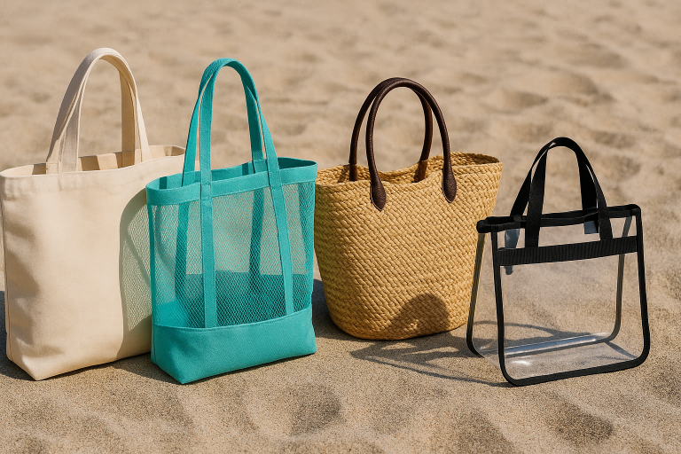 A visual collage showcasing a range of popular summer beach bag styles, including a classic canvas tote demonstrating versatility, a functional mesh bag for sand-free convenience, an elegantly crafted straw bag for seasonal aesthetics, and a transparent stadium-compliant bag, highlighting their distinct design and utility.