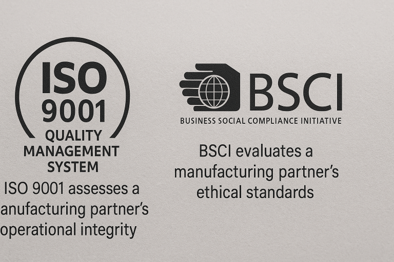 Illustrative visual display of the ISO 9001 Quality Management System and BSCI Business Social Compliance Initiative certification logos, accompanied by concise professional explanations of their significance for assessing a manufacturing partner's operational integrity and ethical standards during supplier due diligence.