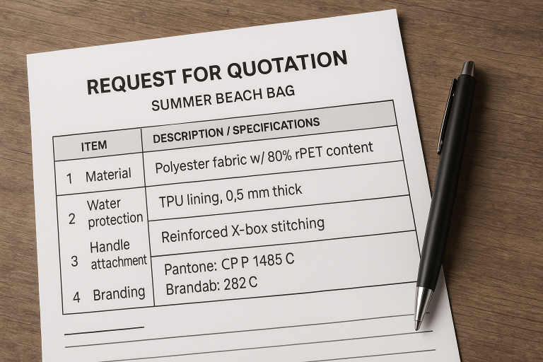 A visual excerpt from a highly detailed Request for Quotation (RFQ) for a summer beach bag, featuring specific line items for material type (e.g., rPET content), water protection specifications (e.g., TPU lining thickness), handle attachment method (e.g., reinforced X-box stitching), and branding details (e.g., Pantone color codes), illustrating the necessity of precise communication for optimal sourcing outcomes.