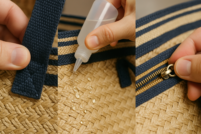 A series of detailed close-up photographs demonstrating crucial quality control checks specifically applied to a summer beach bag: examination of reinforced stitching at a high-stress handle attachment point, a water-resistance test on the bag's primary fabric, and a functional test of a main zipper to ensure smooth operation, highlighting areas most prone to common product failures.