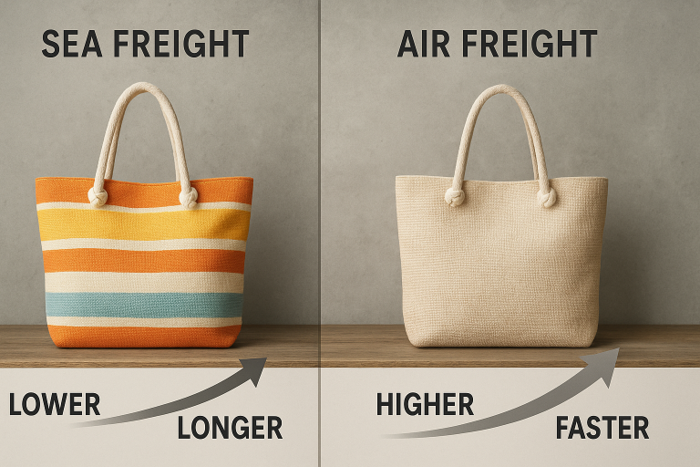 A comparative diagram illustrating the typical cost-time trade-off between sea freight and air freight, specifically for textile goods like summer beach bags, providing a clear visual aid for strategic logistics decision-making based on order volume, urgency, and budget.