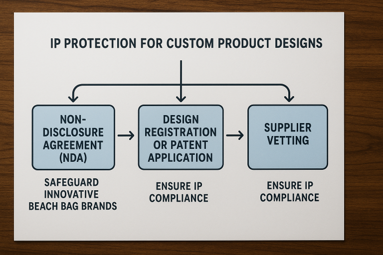 A clear, professional flowchart outlining the essential steps for robust intellectual property protection specifically for custom product designs like beach bags. This includes the strategic use of Non-Disclosure Agreements (NDAs), the process of design registration or patent application, and a critical emphasis on thorough supplier vetting to ensure their adherence to IP compliance, safeguarding innovative beach bag brands.