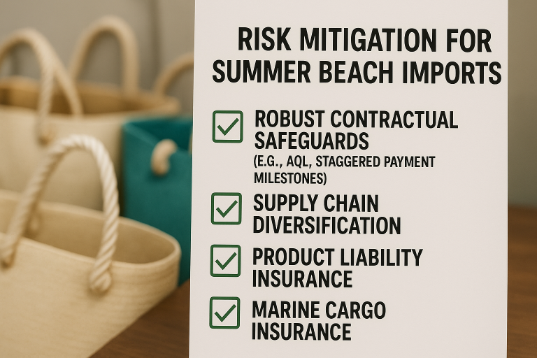 A comprehensive checklist visually summarizing key risk mitigation strategies for international sourcing, specifically tailored for summer beach bag imports. Items include: robust contractual safeguards (e.g., AQL, staggered payment milestones), strategies for supply chain diversification, and essential insurance types (product liability and marine cargo), providing a quick reference for procurement managers.