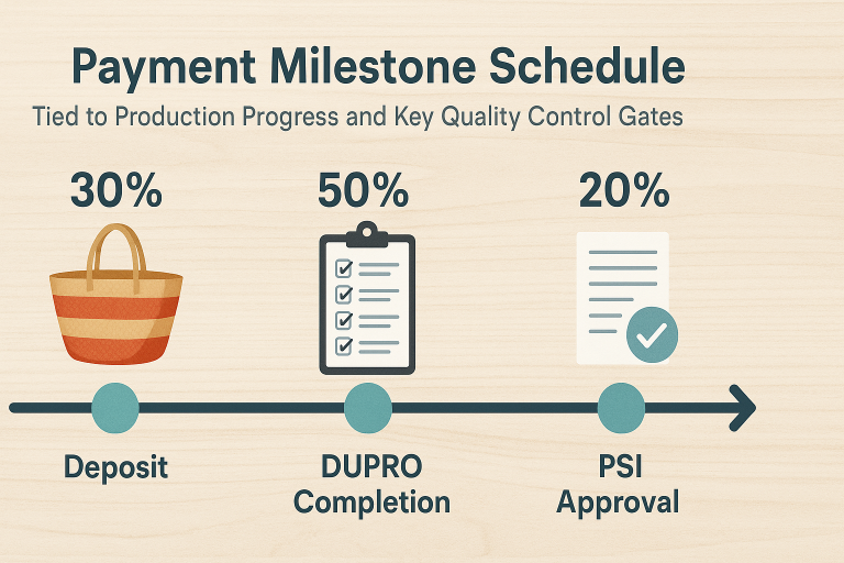 Infographic demonstrating a clear payment milestone schedule tied to production progress and key quality control gates (e.g., deposit, DUPRO completion, PSI approval) for a typical summer beach bag order, illustrating financial risk management.