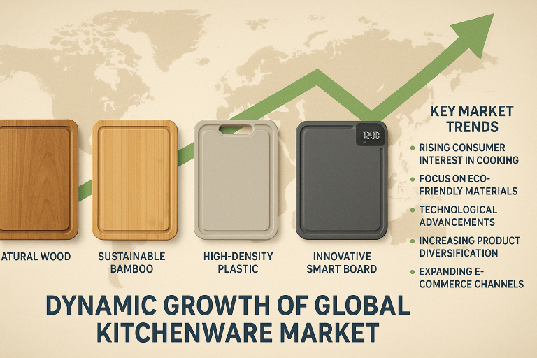A detailed infographic illustrating the dynamic global market growth for kitchenware, specifically highlighting various types of chopping boards (natural wood, sustainable bamboo, high-density plastic, and innovative smart boards) and the key market trends influencing their increasing popularity and diversification. This image helps contextualize the strategic importance of sourcing in a growing sector.
