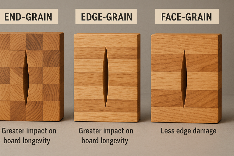A comparative diagram illustrating the distinct structural characteristics of end-grain, edge-grain, and face-grain wood construction in chopping boards, highlighting their respective impacts on board longevity and the preservation of knife sharpness. This visual aids understanding of critical material science for procurement professionals.