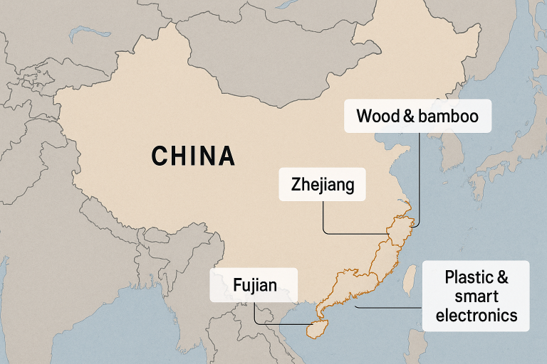 A clear, simplified geographic map of China visually delineating the primary manufacturing clusters for chopping boards, specifically highlighting Zhejiang and Fujian provinces for their expertise in wood and bamboo production, and Guangdong province for its strengths in plastic fabrication and smart electronics integration. This map helps buyers target specialized suppliers efficiently.