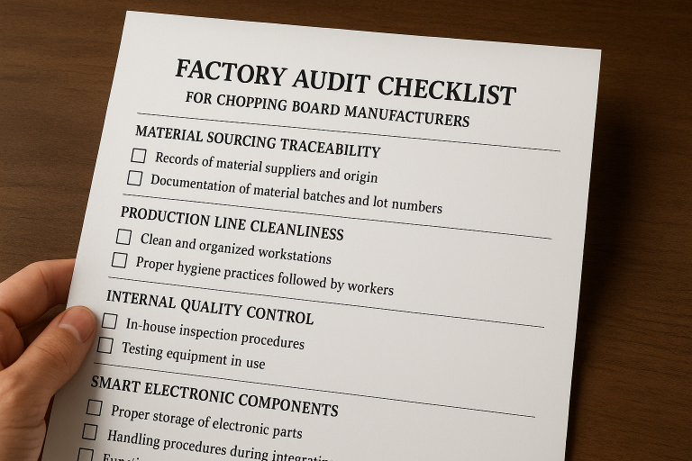A detailed sample checklist designed for conducting a factory audit specifically tailored for chopping board manufacturers. The checklist emphasizes key assessment areas such as material sourcing traceability, production line cleanliness, internal quality control processes, and the specialized handling and integration procedures for smart electronic components. This provides a structured framework for due diligence.