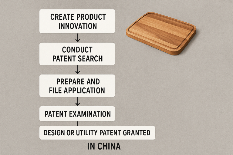 A concise, simplified flowchart outlining the sequential steps involved in securing either design or utility patents for product innovations in China. This visual is specifically tailored to illustrate the process for unique chopping board features, emphasizing the strategic importance of IP protection in the Chinese manufacturing landscape.