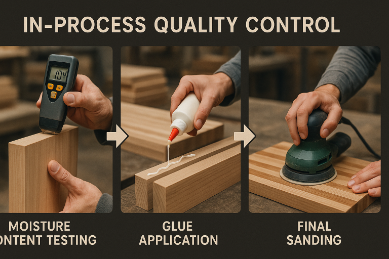 A visual flow diagram illustrating common in-process quality control checkpoints specifically applied during the manufacturing of a wooden chopping board. It highlights key stages such as moisture content testing, proper glue application in lamination, and the final sanding checks, demonstrating how quality is built into each production step.
