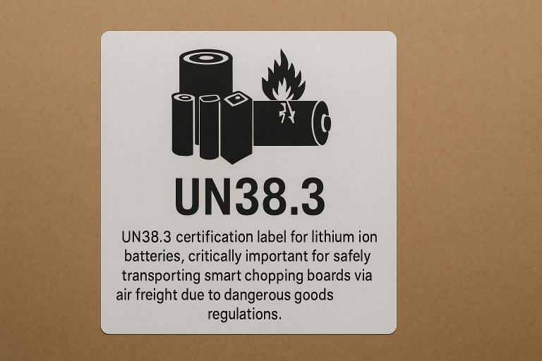 A clear visual representation of a UN38.3 certification label for lithium-ion batteries, accompanied by a concise explanation of its critical importance for safely transporting smart chopping boards via air freight due to dangerous goods regulations. This image highlights a non-negotiable compliance requirement for international shipping.