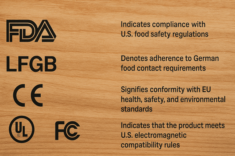 A collection of prominent international regulatory compliance logos (FDA, LFGB, CE, UL, FCC) that are critically relevant to importing chopping boards. Each logo is accompanied by a concise explanation of its significance for market access, serving as a quick reference for procurement professionals navigating global trade regulations.