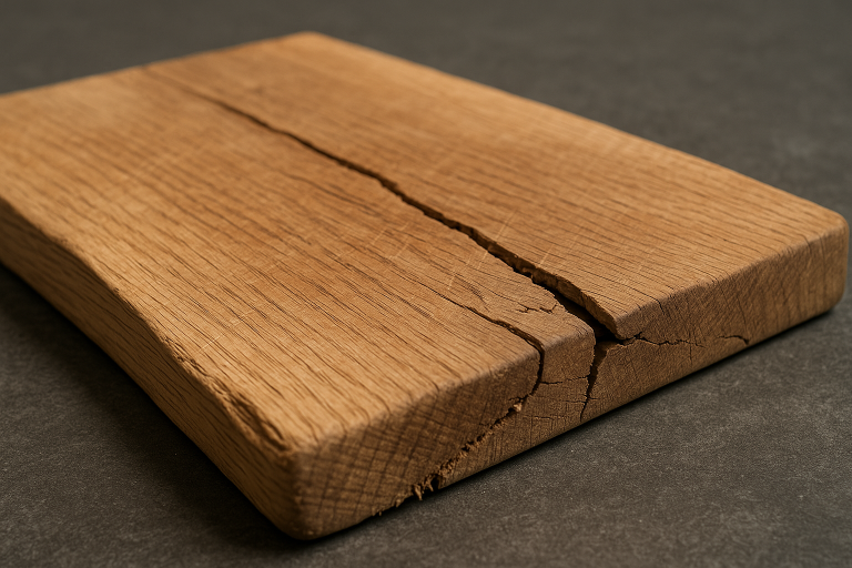 A visual demonstrating common defects in wooden chopping boards, such as visible warping, deep cracks, and splintering edges, clearly illustrating the consequences of inadequate kiln drying or poor material treatment processes for procurement professionals to recognize.