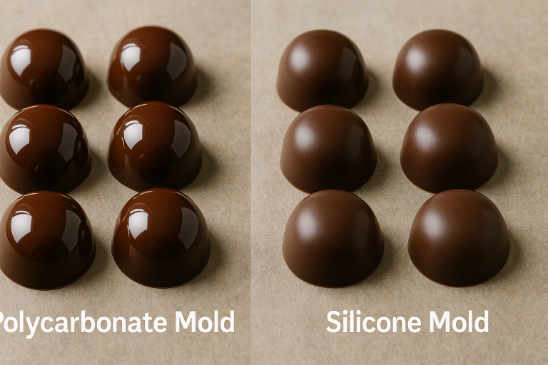 A side-by-side comparison image of finished chocolates from a polycarbonate mold (showcasing superior high gloss) versus a silicone mold (exhibiting a slightly duller finish), clearly illustrating the stark surface quality difference achieved by different mold materials.