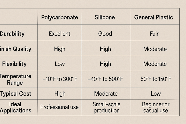 A comparative table outlining critical performance criteria (durability, finish quality, flexibility, temperature range, typical cost, and ideal applications) for Polycarbonate, Silicone, and General Plastic chocolate molds, derived directly from the foundational research findings to guide material selection.