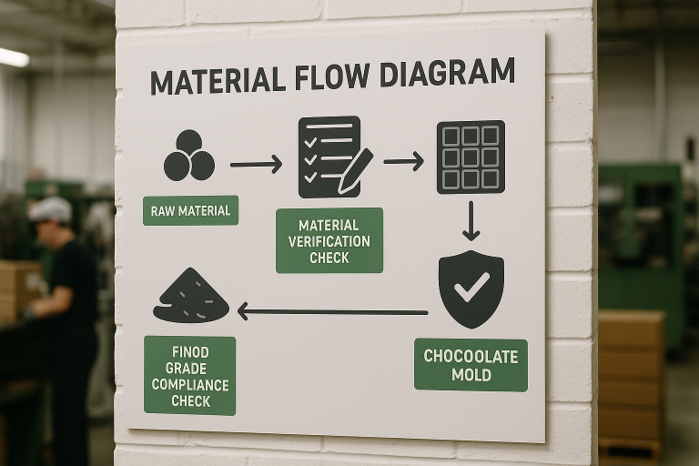A visual representation of a Material Flow Diagram within a specialized chocolate mold factory, illustrating critical checkpoints for material verification and food-grade compliance from raw material intake to final product, essential for sourcing high-quality molds.