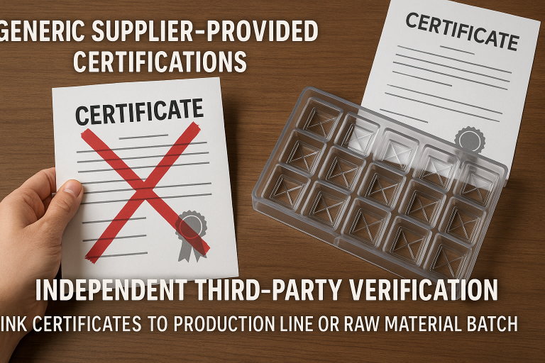 A graphic illustrating the common pitfalls of relying solely on generic supplier-provided certifications for chocolate molds, emphasizing the critical importance of independent third-party verification and linking certificates directly to the specific production line or raw material batch for food-contact items.