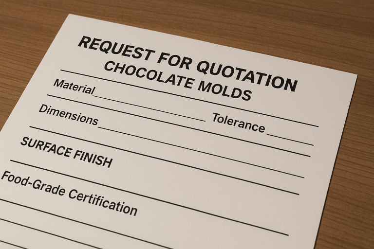 A snapshot of a comprehensive Request for Quotation (RFQ) template section specifically tailored for chocolate molds, highlighting essential fields for specifying material type, precise dimensional tolerances, required surface finish quality, and mandatory food-grade certifications, crucial for accurate supplier bids.