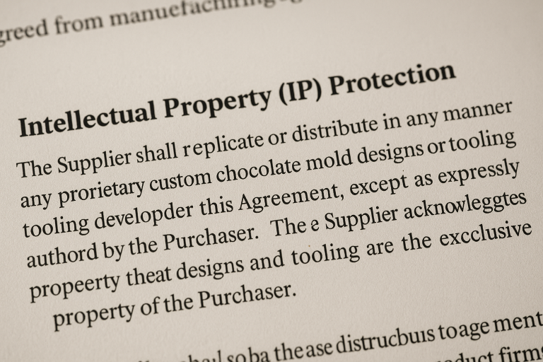 A sample Intellectual Property (IP) protection clause excerpt from a manufacturing agreement, designed to safeguard proprietary custom chocolate mold designs and tooling from unauthorized replication or distribution by the supplier, a critical legal protection for unique confectionery products.