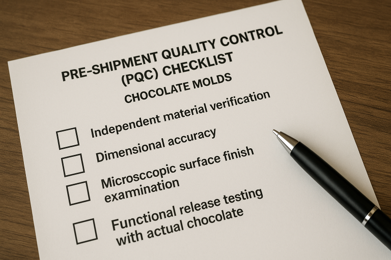 A detailed checklist template for a Pre-Shipment Quality Control (PQC) inspection specifically for chocolate molds, outlining critical checks such as independent material verification, precise dimensional accuracy, microscopic surface finish examination, and mandatory functional release testing with actual chocolate.