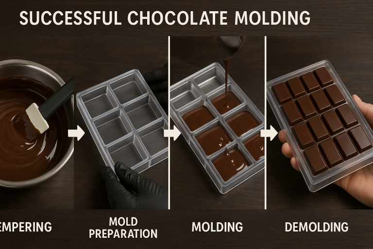 A visual flow diagram illustrating the key stages of successful chocolate molding, from precise tempering and mold preparation to demolding, emphasizing steps critical for achieving a flawless finish and preventing common defects, vital for professional understanding.