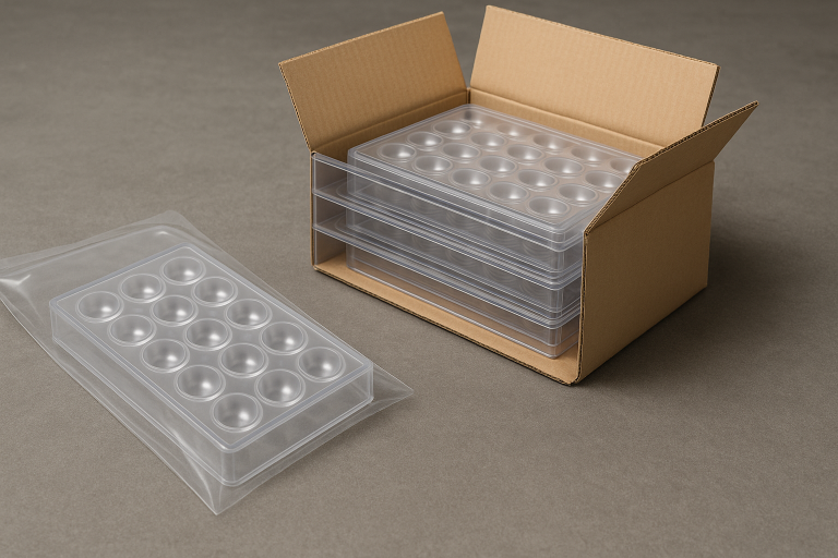 An illustration demonstrating best-practice packaging layers for delicate polycarbonate chocolate molds, including individual sleeves, protective stacked trays, and a robust outer carton, specifically designed to prevent surface scratching and damage during international shipping.
