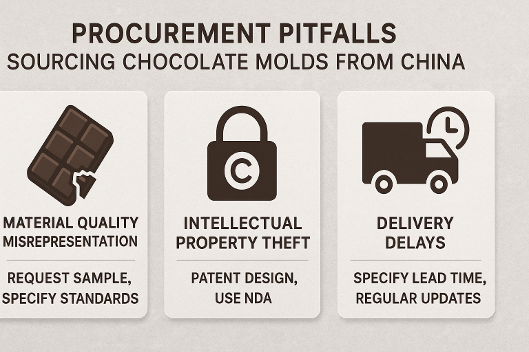 A concise visual infographic summarizing critical procurement pitfalls when sourcing chocolate molds from China, such as material quality misrepresentation and intellectual property theft, coupled with brief, actionable mitigation strategies for each risk category.